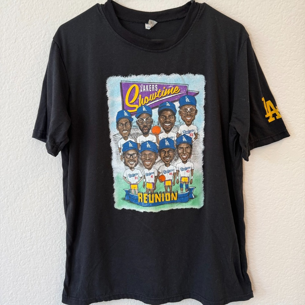 Lakers Showtime Reunion Dodgers T Shirt Mens M Black Caricature Graphic LA Tee
